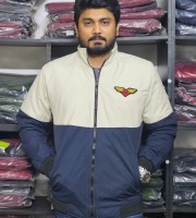 Premium Quality Winter high neck saskin padding jacket - Cream & Navy Blue 102